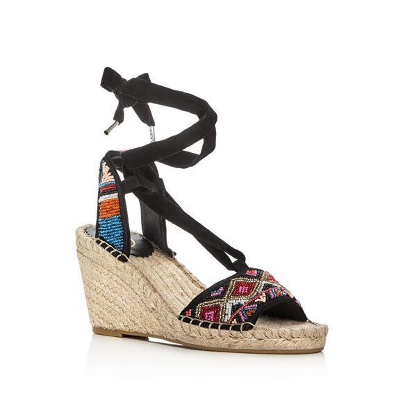 ASH Womens Black 1" Platform Beaded Paola Round Toe Wedge Espadrille Shoes 38 - Picture 1 of 1
